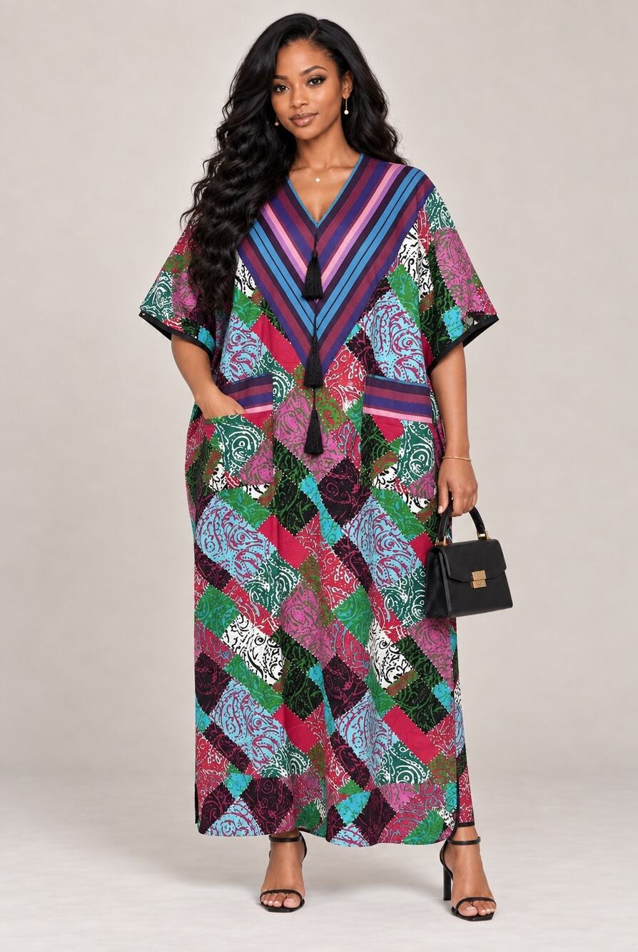 100% Cotton Boho African Ankara Plus Size Kaftan Maxi Dress PurplePink Boubou 3X